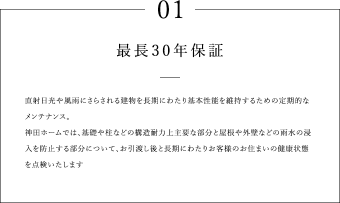 01 最長30年保証 直射日光や風雨にさらされる建物を長期にわたり基本性能を維持するための定期的なメンテナンス。神田ホームでは、基礎や柱などの構造耐力上主要な部分と屋根や外壁などの雨水の浸入を防止する部分について、お引渡し後と長期にわたりお客様のお住まいの健康状態を点検いたします