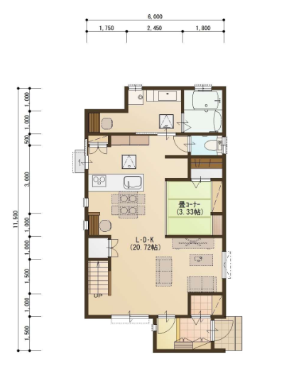 吹き抜けの贅沢な空間、20帖の広々リビングで暖かな家族の時間を